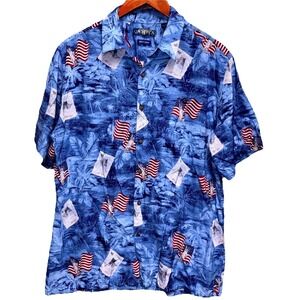 Campia Patriotic Hawaiian‎ Shirt Men's L Blue Easy Care Button Up 4rth Of July